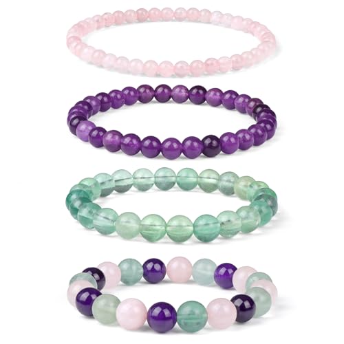 4pcs Beaded Bracelets for Women,Natural Healing Crystal Gemstones Bracelet,Anxiety Stress Relief Bracelet Handmade purple Jewelry Gifts for Women