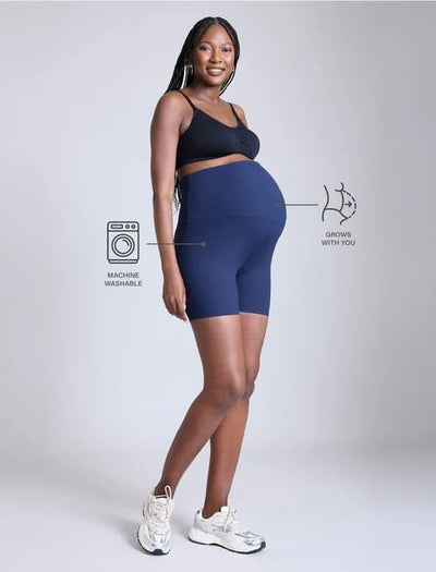 Motherhood Maternity Women's Over The Belly Ribbed Biker Pregnancy Workout Shorts, Navy Blazer, Large