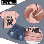 Kucnuzki Toddler Boy Clothes 2T 3T Boys Clothes Pink Shirt Blue Jeans Shorts 2 Piece Outfits Short Set Little Boy Clothes 2 3 Year Old Boy Clothes