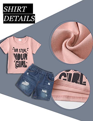 Kucnuzki Toddler Boy Clothes 2T 3T Boys Clothes Pink Shirt Blue Jeans Shorts 2 Piece Outfits Short Set Little Boy Clothes 2 3 Year Old Boy Clothes