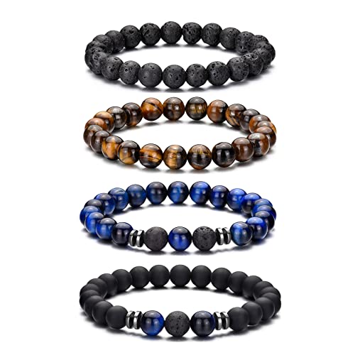 RANKEEF Tiger Eye Bracelet For Men 8MM Natural Stone Beads Bracelet Set Stretch Lava Rock Bracelets Adjustable Black Crystal Beaded Bracelet for Men Women Gifts