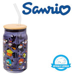 Silver Buffalo Sanrio Hello Kitty & Friends Halloween Kuromi, My Melody, Cinnamoroll, Chococat, Pompompurin, Keroppi, Tuxedo Sam, Badtz-Maru Glass Jar Tumbler w Bamboo Lid and Glass Straw, 16 Ounces
