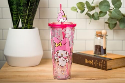Silver Buffalo Sanrio My Melody Pink Strawberry Pattern Plastic Cold Cup with Lid and Topper Straw 24 Ounces