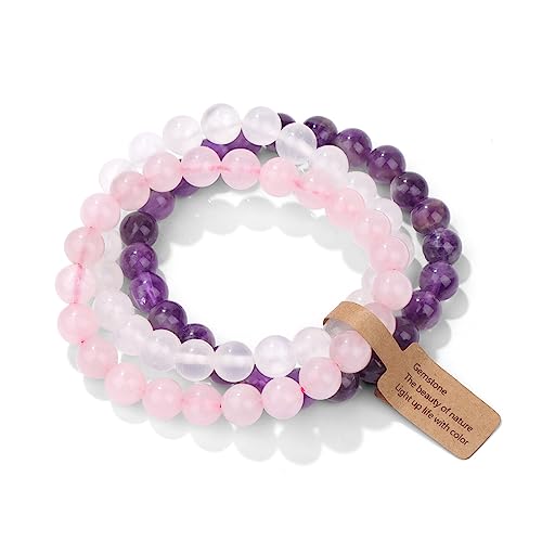 3 PCS Healing Crystal Bracelets for Women 8mm Natural Stone Beaded Stretch Bracelet Amethyst Jewelry Gifts