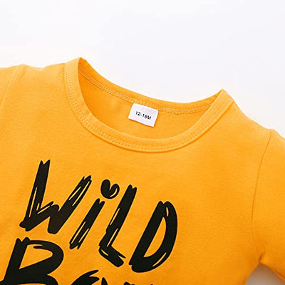 Kucnuzki Toddler Baby Boy Clothes Summer Outfits Short Sleeve Letters Printed Shirt Shorts Sets 2PC Little Boy Clothing (Yellow, 18-24 Months)