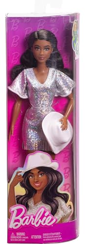 Barbie Fashionistas Doll #239 with Black Hair Wearing Sparkly Silver Fringe Dress with Western Accessories Like White Cowboy Hat and Boots