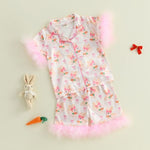 Toddler Girl Easter Pajamas Bunny&Bow Feather Trim Short Sleeve Shirt + Shorts 2 Piece Pajama Set Baby Sleepwear (Fuzzy Rabbit Pink, 2-3 Years)