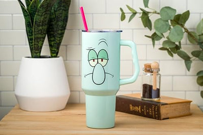 Silver Buffalo Spongebob Squarepants Featuring Squidward Tentacles Stainless Steel Tumbler with Handle and Straw, Fits in Standard Cup Holder, 40 Ounces