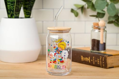 Silver Buffalo Rainbow Brite Stars Sparkle Featuring Twink Glass Jar Tumbler with Bamboo Lid and Glass Straw, 16 Ounces