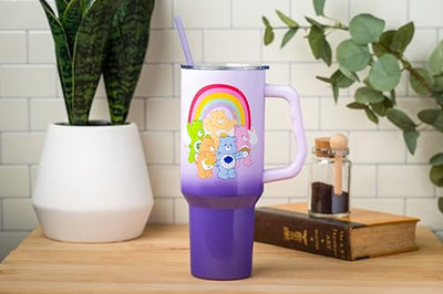 Silver Buffalo Care Bears Rainbow Featuring Funshine, Cheer, Grumpy, Friend, and Good Luck Bear Stainless Steel Tumbler with Handle and Straw, Fits in Standard Cup Holder, 40 Ounces