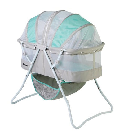 Dream On Me Karley Bassinet, Award Winner Lightweight Travel Baby Bassinet, Foldable Bedside Sleeper, Adjustable Double Canopy, Spacious Design, Soft Fabric, Storage Basket – Blue and Grey