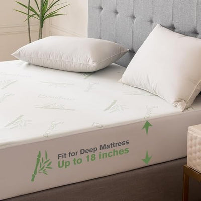 Flippeddream Cooling Queen Mattress Protector-100% Waterproof & Noiseless Rayon Fiber Mattress Cover (60" x 80") Size Bed Soft, Breathable, Guards Against Spills Matterss Pad - Pockets Up to 21″