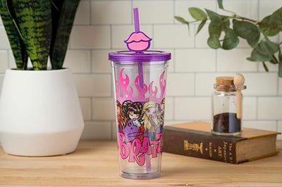 Silver Buffalo Bratz Dolls Featuring Cloe, Yasmin, Jade, and Sasha Flames and Full Lips Plastic Cold Cup with Lid and Straw Topper, 24 Ounces