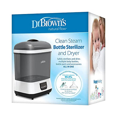 Dr. Brown’s Clean Steam Baby Bottle and Pacifier Sterilizer and Dryer, Anti-Colic Options+ Baby Bottles 8 oz, 0m+ Level 1 Nipple, 4 Pack, and Reusable Sponge Bottle Cleaning Brush Set Pink, 3-Pack