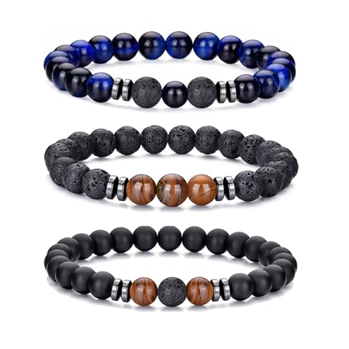 RANKEEF Tiger Eye Bracelet For Men 8MM Natural Stone Beads Bracelet Set Stretch Lava Rock Bracelets Adjustable Black Crystal Beaded Bracelet for Men Women Gifts