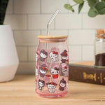 Silver Buffalo Sanrio Hello Kitty and Friends Halloween Spooky Costumes Ghost Witch Vampire Zombie Frankenstein Skeleton Pink Glass Jar Tumbler with Bamboo Lid and Glass Straw, 16 Ounces