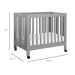 Babyletto Origami Mini Portable Folding Crib with Wheels in Grey, 2 Adjustable Mattress Positions, Greenguard Gold Certified