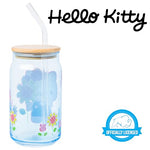 Silver Buffalo Sanrio Hello Kitty Spring Garden Flowers Blue Glass Jar Tumbler with Bamboo Lid and Glass Straw, 16 Ounces