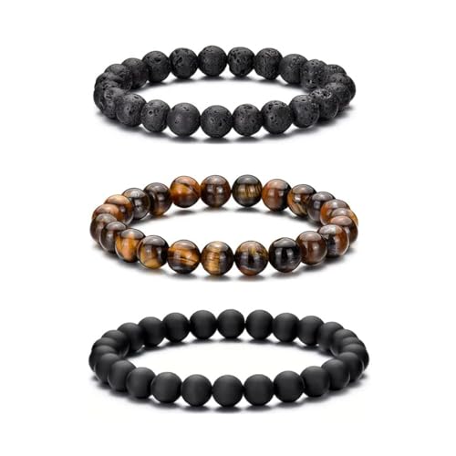 RANKEEF Tiger Eye Bracelet For Men 8MM Natural Stone Beads Bracelet Set Stretch Lava Rock Bracelets Adjustable Black Crystal Beaded Bracelet for Men Women Gifts