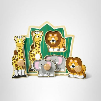 Melissa & Doug Jungle Friends Safari Animals Jumbo Knob Puzzle, Wooden Peg Puzzle for Toddlers, Educational Toy for Shape Recognition and Fine Motor Skills, Ages 1+