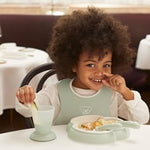 BabyBjörn Baby Dinner Set, 5 pcs, Powder green Includes Baby Plate, Baby Fork, Baby Spoon, and Baby Cup Dishwasher Safe Toddler feeding set for self-feeding or baby-led weaning