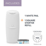 Diaper Genie Compact Pail Includes 1 Starter Square Refill That can Hold up to 165 Newborn-Sized Diapers.