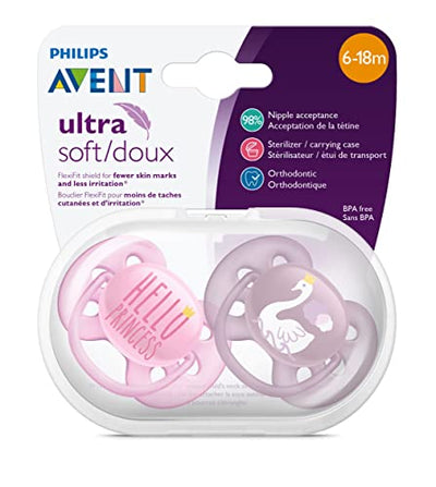 Philips AVENT Ultra Soft Pacifier, 6-18 Months, Hello Princess & Swan Designs, 4 Pack, SCF223/42, Pink