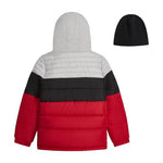 LONDON FOG Baby Boys' Heavyweight Hooded Puffer Jacket with Sherpa-Lined Hood & Fleece Beanie, Red, 12 Months