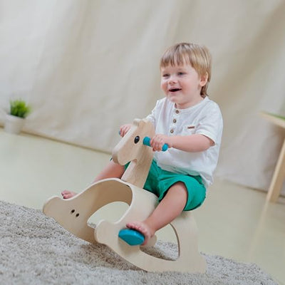 PlanToys® Classic Wooden Palomino Rocking Horse for Toddlers | Eco-Friendly Montessori Ride-On Toy for Balance, Strength & Coordination | Sustainable Rubberwood Construction