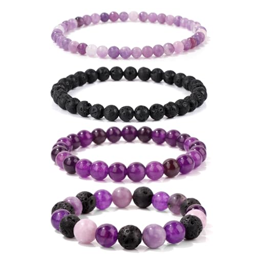 4pcs Beaded Bracelets for Women,Natural Healing Crystal Gemstones Bracelet,Anxiety Stress Relief Bracelet Handmade purple Jewelry Gifts for Women