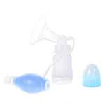 Breast pump with a clear container and blue parts on a white background