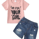 Kucnuzki Toddler Boy Clothes 2T 3T Boys Clothes Pink Shirt Blue Jeans Shorts 2 Piece Outfits Short Set Little Boy Clothes 2 3 Year Old Boy Clothes