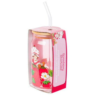 Silver Buffalo Strawberry Shortcake Giant Strawberry Pink Glass Jar Tumbler with Bamboo Lid and Glass Straw, 16 Ounces