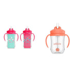 Three children's sippy cups with different designs and colors on a white background.