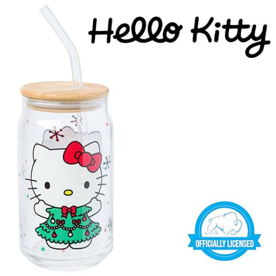 Silver Buffalo Sanrio Hello Kitty in Christmas Tree Holiday Dress Glass Jar Tumbler with Bamboo Lid and Glass Straw, 16 Ounces