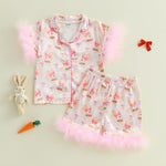 Toddler Girl Easter Pajamas Bunny&Bow Feather Trim Short Sleeve Shirt + Shorts 2 Piece Pajama Set Baby Sleepwear (Fuzzy Rabbit Pink, 2-3 Years)