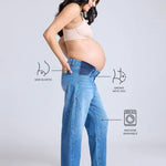 Motherhood Maternity Women's Under The Belly Elastic Waist Relaxed Barrel Leg Denim Pregnancy Jeans, Medium Wash, Large