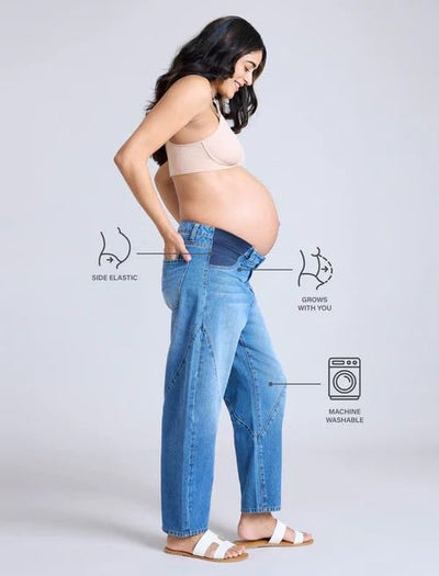 Motherhood Maternity Women's Under The Belly Elastic Waist Relaxed Barrel Leg Denim Pregnancy Jeans, Medium Wash, Large