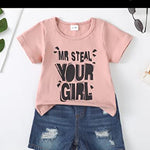 Kucnuzki Toddler Boy Clothes 2T 3T Boys Clothes Pink Shirt Blue Jeans Shorts 2 Piece Outfits Short Set Little Boy Clothes 2 3 Year Old Boy Clothes