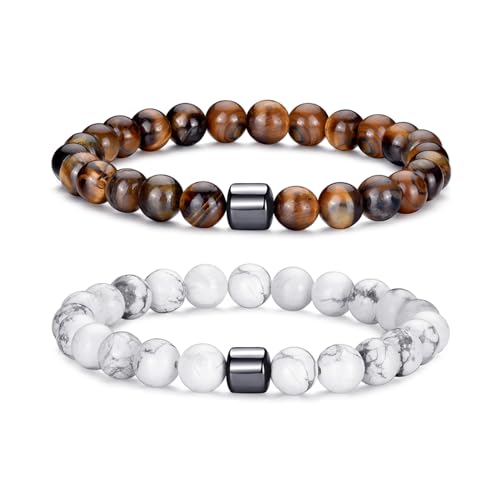 RANKEEF Tiger Eye Bracelet For Men 8MM Natural Stone Beads Bracelet Set Stretch Lava Rock Bracelets Adjustable Black Crystal Beaded Bracelet for Men Women Gifts