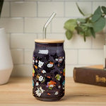 Silver Buffalo Sanrio Hello Kitty & Friends Halloween Kuromi, My Melody, Cinnamoroll, Chococat, Pompompurin, Keroppi, Tuxedo Sam, Badtz-Maru Glass Jar Tumbler w Bamboo Lid and Glass Straw, 16 Ounces