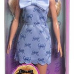 Barbie Fashionistas Doll #237 with Wavy Blonde Ponytail Wearing Blue Bow Halter Dress, Black Hair Bow Accessory and Matching Blue Heels