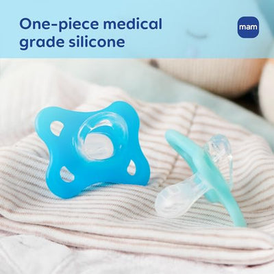 MAM Comfort Baby Pacifiers 3-12 Months Babies, Lightweight One-Piece Full Silicone Binky, BPA-Free Nipple, Easy to Clean Pacifier, Best for Breastfed Babies, 2 Count, Sterilizer Case, Made in Europe