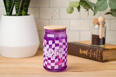 Silver Buffalo Bratz Logo Retro Groovy Purple Checkered Glass Jar Tumbler with Bamboo Lid and Glass Straw, 16 Ounces
