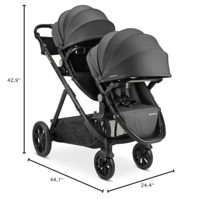 Joovy Qool Double Bundle Double Stroller with Reconfigurable Seats, Magnetic Safety Harness with Padding, UPF 50 Sun Canopy, and Large Storage Basket, Jet