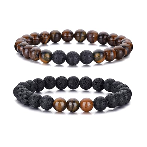 RANKEEF Tiger Eye Bracelet For Men 8MM Natural Stone Beads Bracelet Set Stretch Lava Rock Bracelets Adjustable Black Crystal Beaded Bracelet for Men Women Gifts