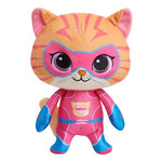 Plush toy cat in a superhero costume with pink and blue accents on a white background