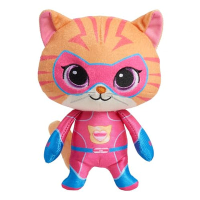 Plush toy cat in a superhero costume with pink and blue accents on a white background