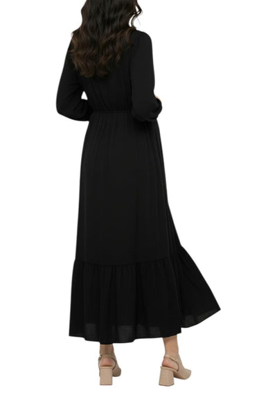 Motherhood Maternity Women's V-Neck Long Puff Sleeve Ruffle Midi Pregnancy Dress, Black, Small