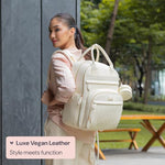 BabbleRoo Leather Diaper Bag Backpack - Baby Essentials Travel Baby Bag, Multi function, Waterproof, with Changing Pad, Stroller Straps & Pacifier Case – Unisex, Eggshell White